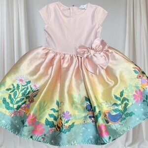 H&M Girls Easter Spring Flare Dress Bunnies Bee Birds Large Bow Size 6X/7
